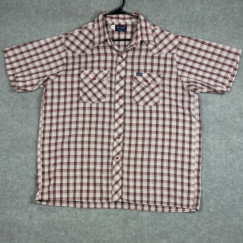 VTG Wrangler Big Man Western Shirt Pearl Snap Plaid XL Made In USA Red White